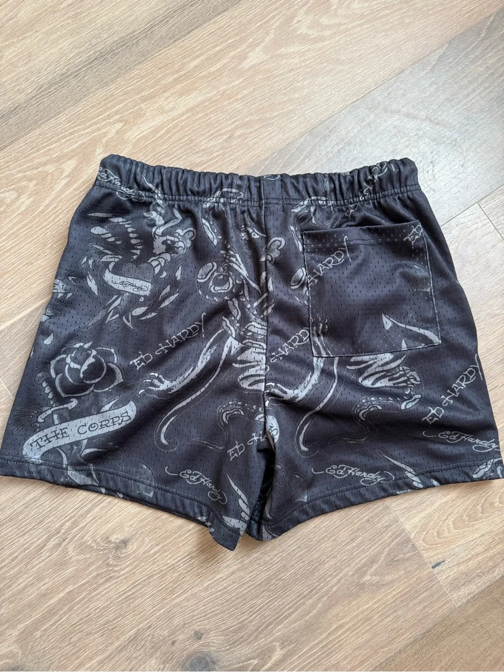 Ed Hardy Black and Gray Logo Elastic Waist Mesh basketball/swim Shorts
